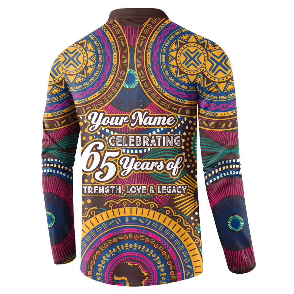 Personalized African 65th Birthday Black Excellence Button Sweatshirt Vibrant Traditional Tribal Geometric Patterns