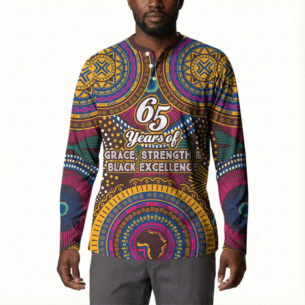 Personalized African 65th Birthday Black Excellence Button Sweatshirt Vibrant Traditional Tribal Geometric Patterns
