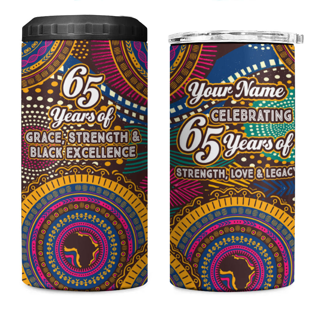 Personalized African 65th Birthday Black Excellence 4 in 1 Can Cooler Tumbler Vibrant Traditional Tribal Geometric Patterns