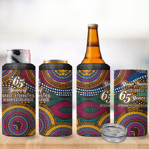 Personalized African 65th Birthday Black Excellence 4 in 1 Can Cooler Tumbler Vibrant Traditional Tribal Geometric Patterns