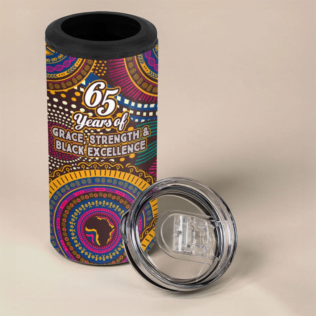 Personalized African 65th Birthday Black Excellence 4 in 1 Can Cooler Tumbler Vibrant Traditional Tribal Geometric Patterns
