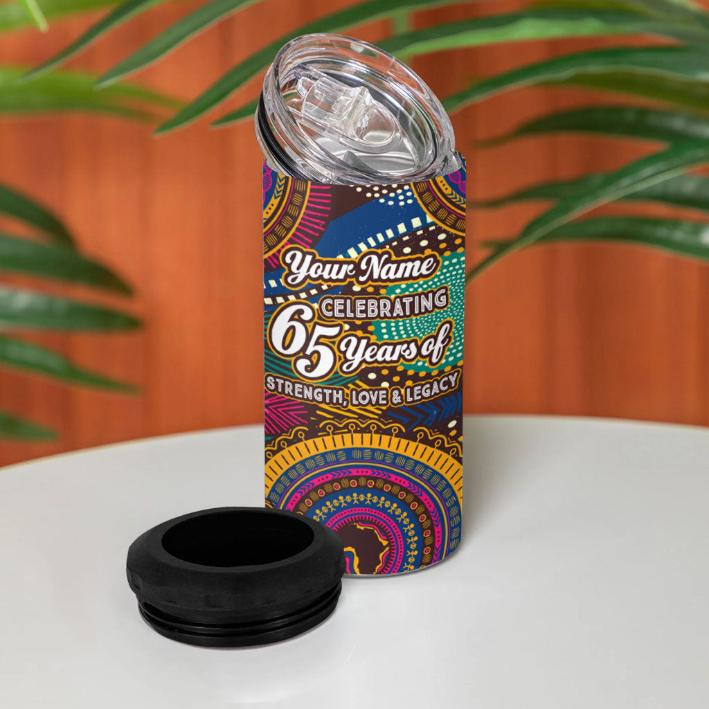 Personalized African 65th Birthday Black Excellence 4 in 1 Can Cooler Tumbler Vibrant Traditional Tribal Geometric Patterns