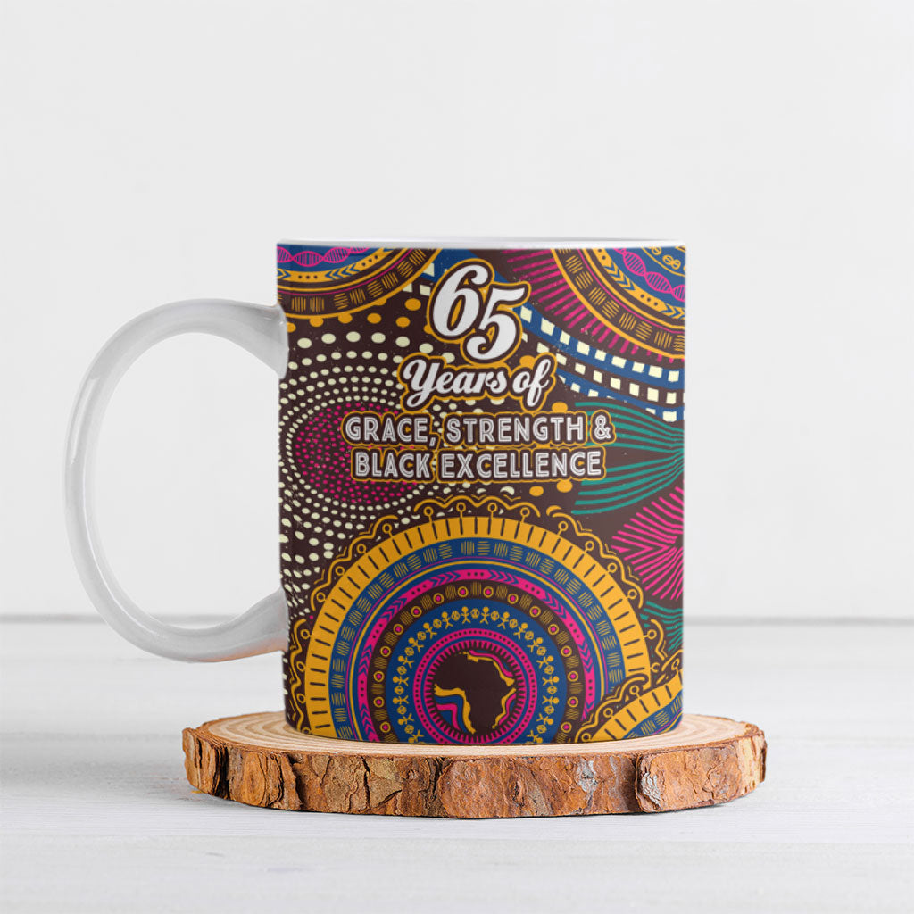 Personalized African 65th Birthday Black Excellence Ceramic Mug Vibrant Traditional Tribal Geometric Patterns