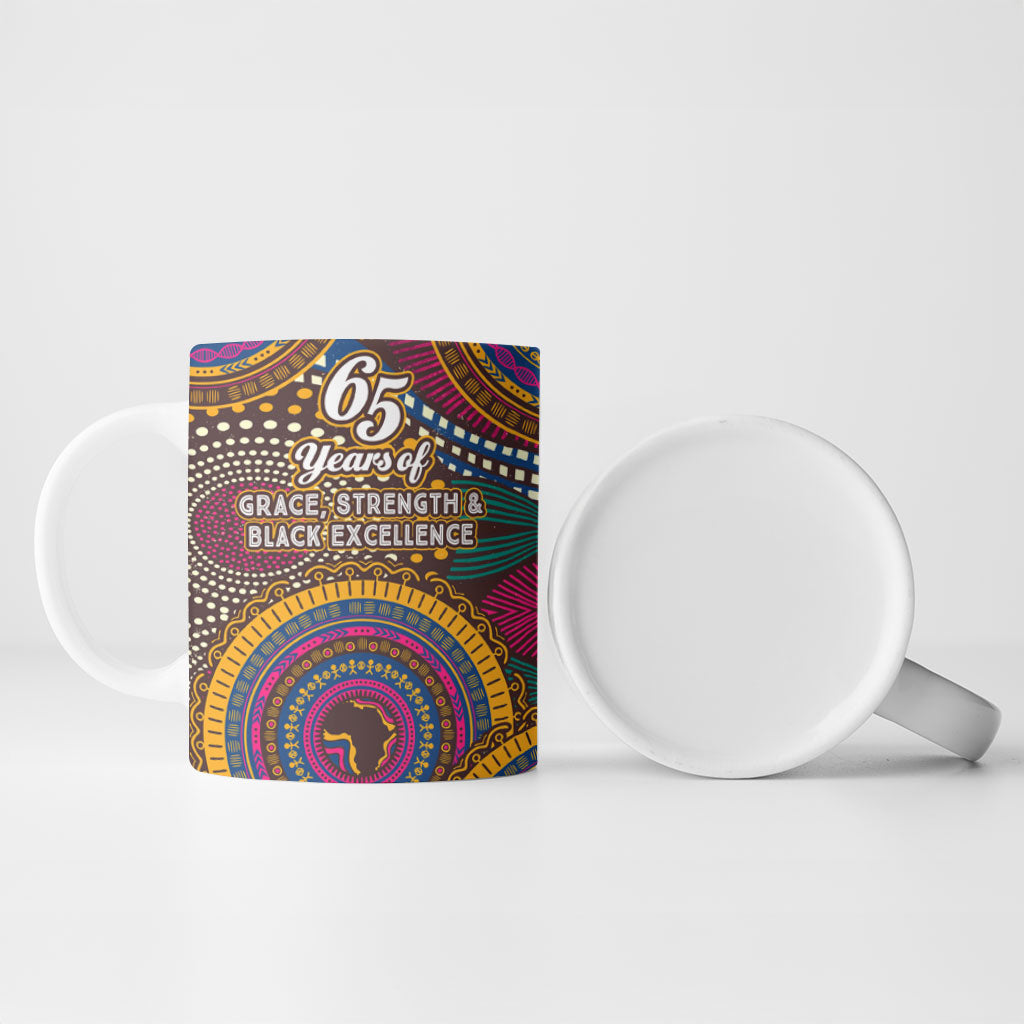 Personalized African 65th Birthday Black Excellence Ceramic Mug Vibrant Traditional Tribal Geometric Patterns