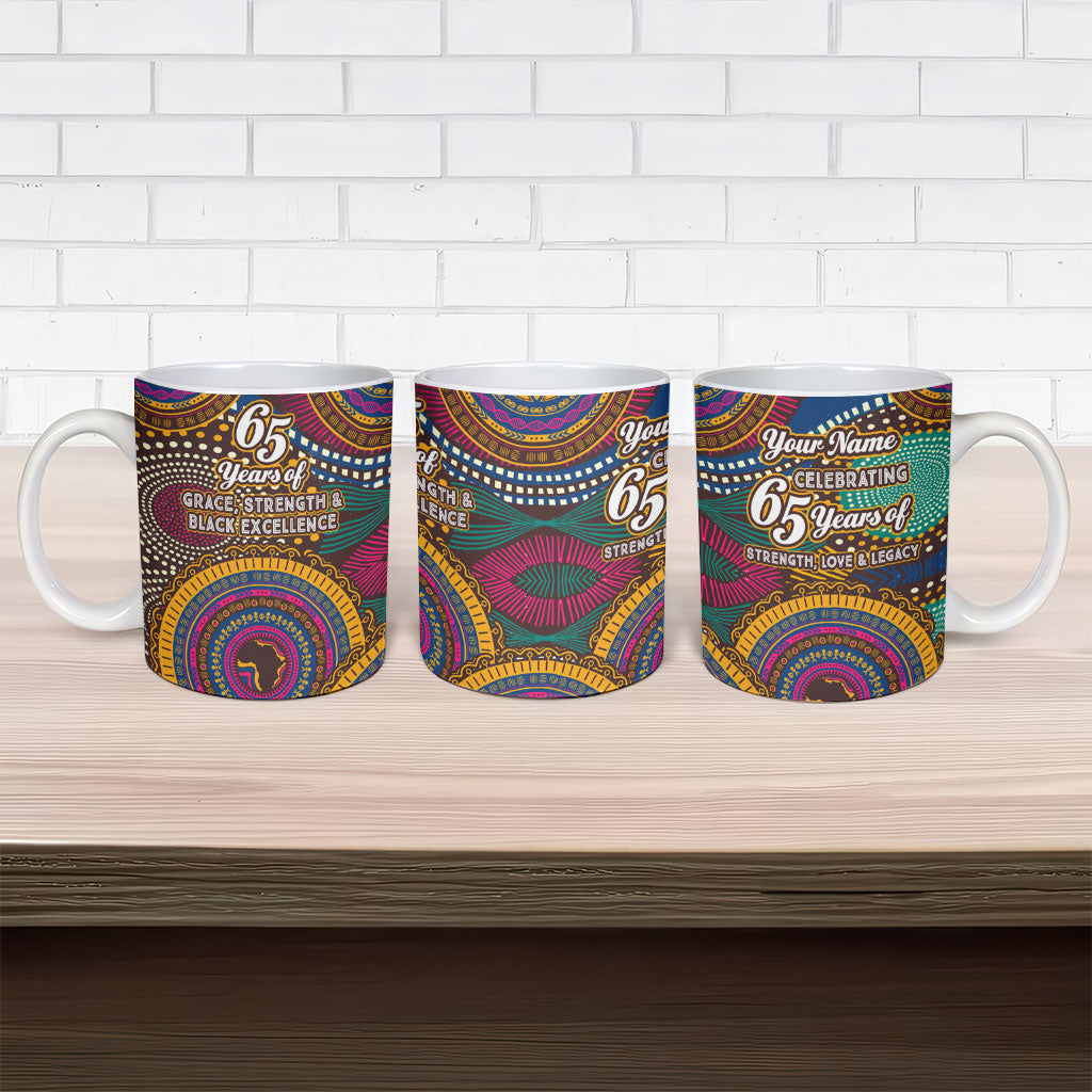 Personalized African 65th Birthday Black Excellence Ceramic Mug Vibrant Traditional Tribal Geometric Patterns