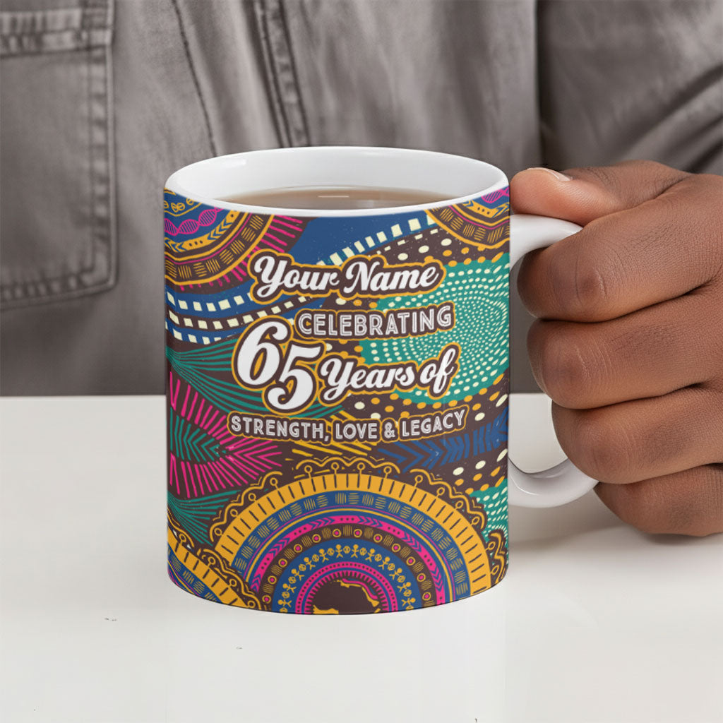 Personalized African 65th Birthday Black Excellence Ceramic Mug Vibrant Traditional Tribal Geometric Patterns