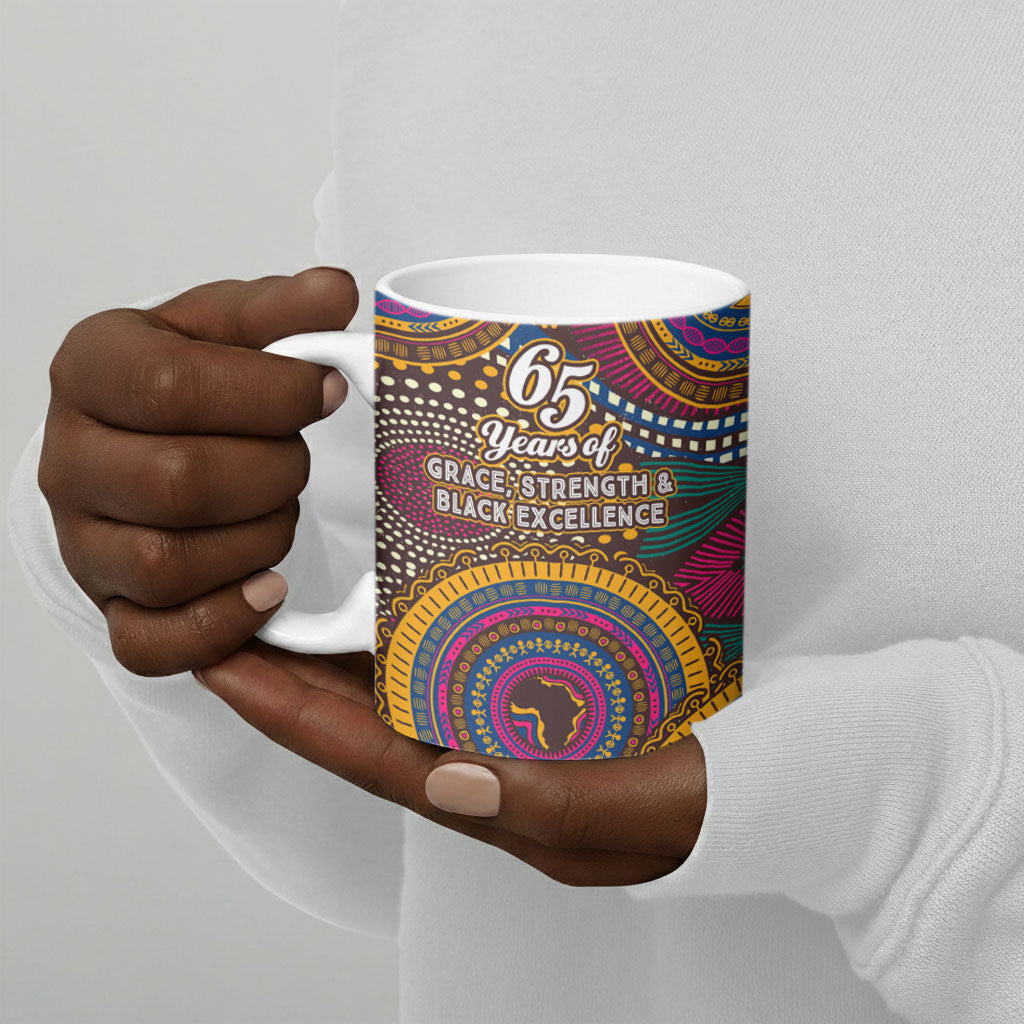 Personalized African 65th Birthday Black Excellence Ceramic Mug Vibrant Traditional Tribal Geometric Patterns