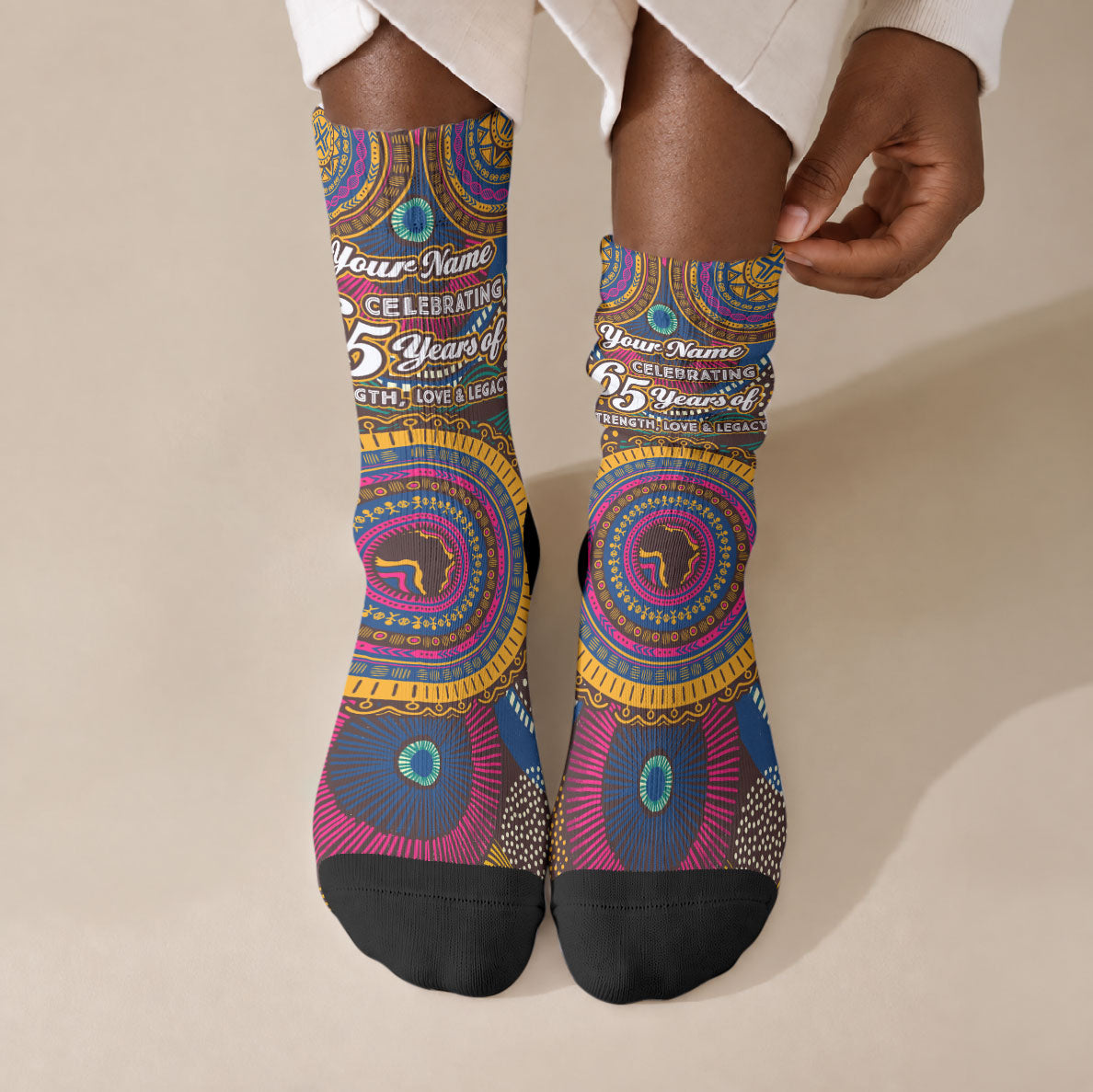 Personalized African 65th Birthday Black Excellence Crew Socks Vibrant Traditional Tribal Geometric Patterns