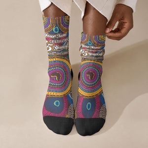 Personalized African 65th Birthday Black Excellence Crew Socks Vibrant Traditional Tribal Geometric Patterns