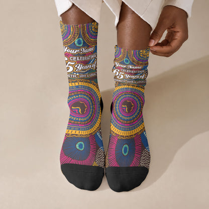 Personalized African 65th Birthday Black Excellence Crew Socks Vibrant Traditional Tribal Geometric Patterns