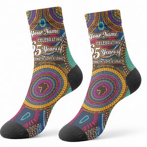 Personalized African 65th Birthday Black Excellence Crew Socks Vibrant Traditional Tribal Geometric Patterns