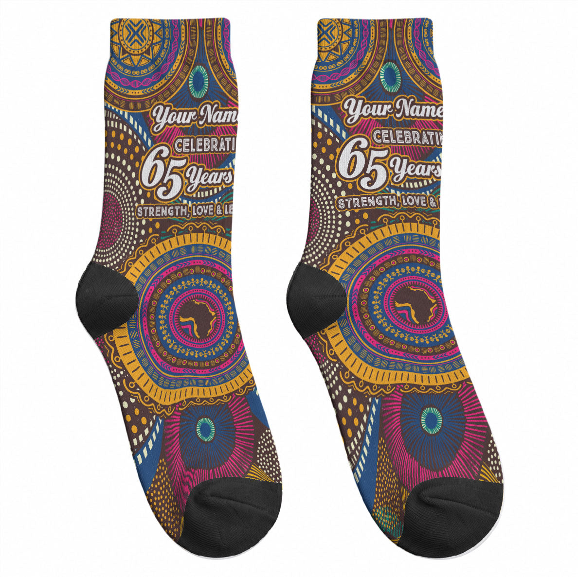 Personalized African 65th Birthday Black Excellence Crew Socks Vibrant Traditional Tribal Geometric Patterns