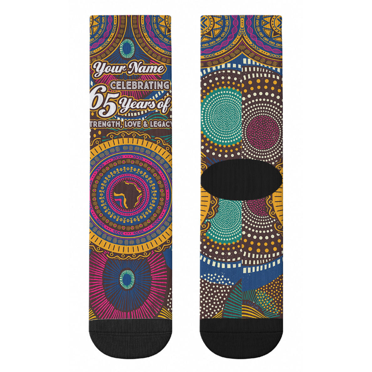 Personalized African 65th Birthday Black Excellence Crew Socks Vibrant Traditional Tribal Geometric Patterns
