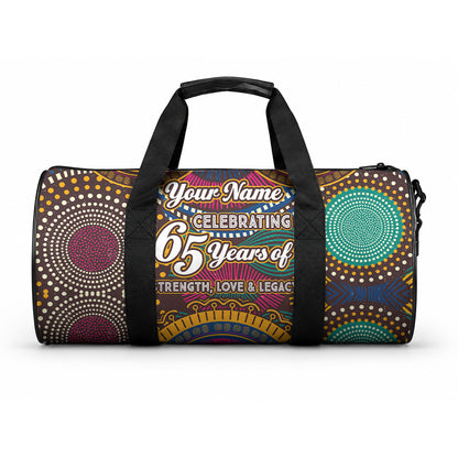 Personalized African 65th Birthday Black Excellence Duffle Bag Vibrant Traditional Tribal Geometric Patterns
