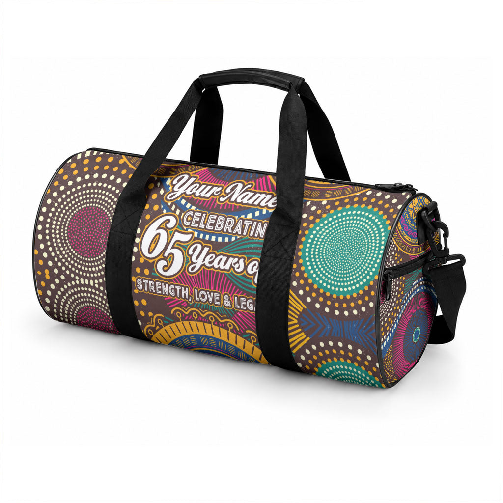 Personalized African 65th Birthday Black Excellence Duffle Bag Vibrant Traditional Tribal Geometric Patterns