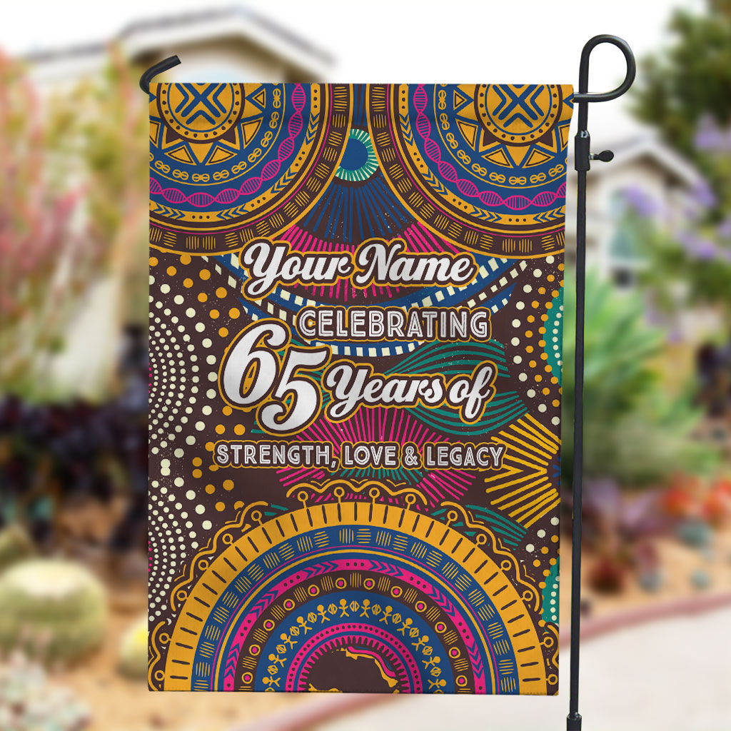 Personalized African 65th Birthday Black Excellence Garden Flag Vibrant Traditional Tribal Geometric Patterns