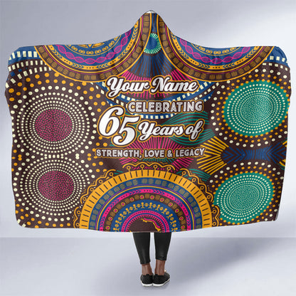Personalized African 65th Birthday Black Excellence Hooded Blanket Vibrant Traditional Tribal Geometric Patterns