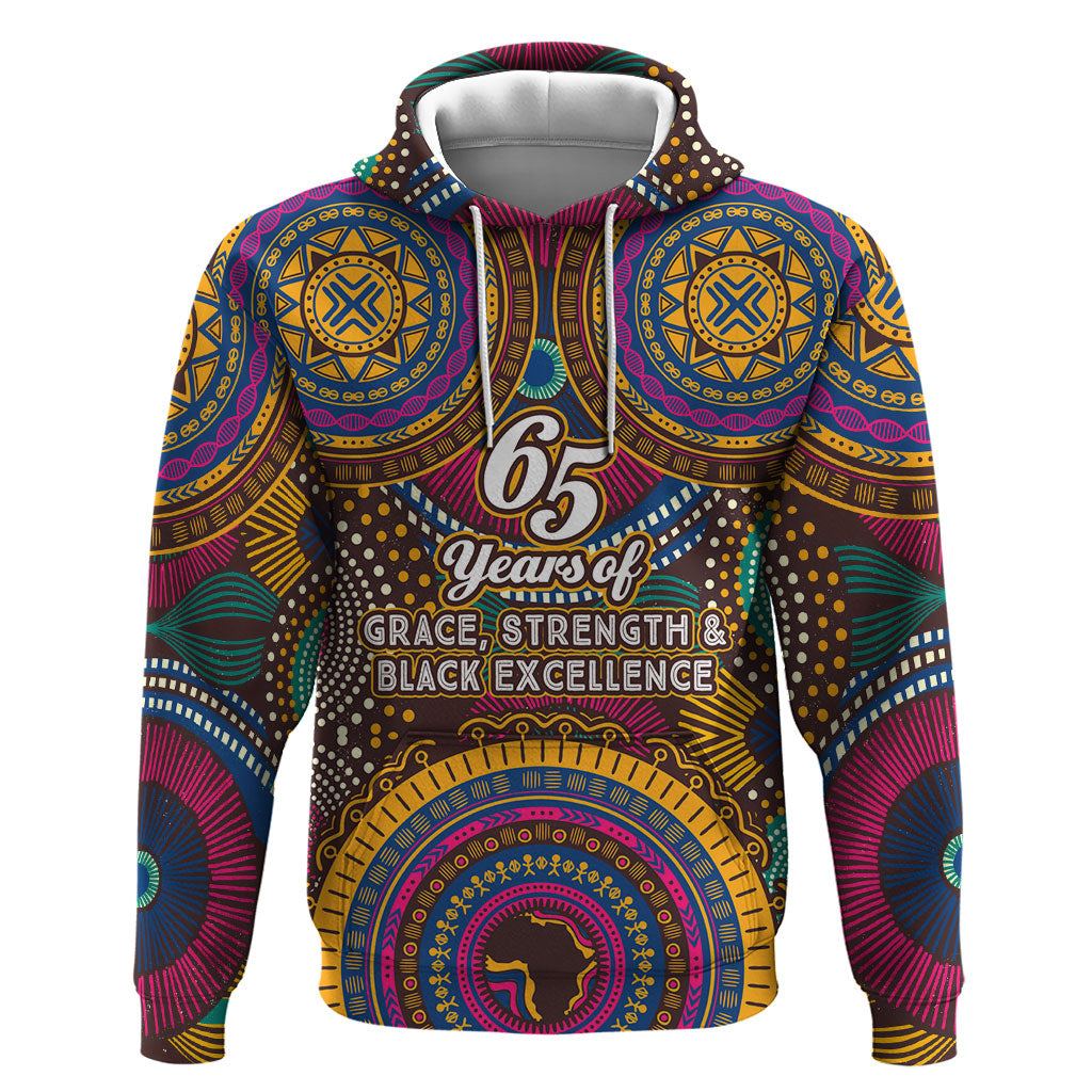 Personalized African 65th Birthday Black Excellence Hoodie Vibrant Traditional Tribal Geometric Patterns