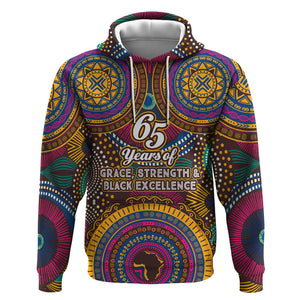 Personalized African 65th Birthday Black Excellence Hoodie Vibrant Traditional Tribal Geometric Patterns