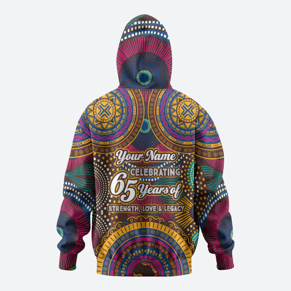 Personalized African 65th Birthday Black Excellence Hoodie Vibrant Traditional Tribal Geometric Patterns
