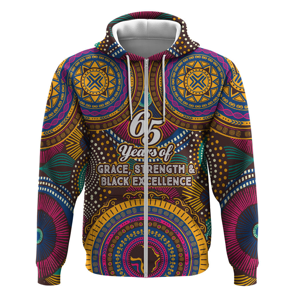 Personalized African 65th Birthday Black Excellence Hoodie Vibrant Traditional Tribal Geometric Patterns