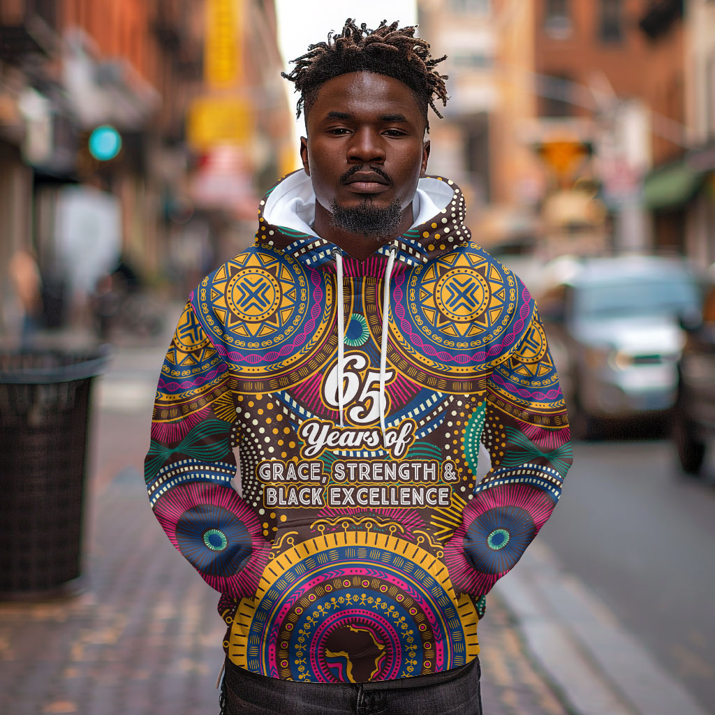 Personalized African 65th Birthday Black Excellence Hoodie Vibrant Traditional Tribal Geometric Patterns