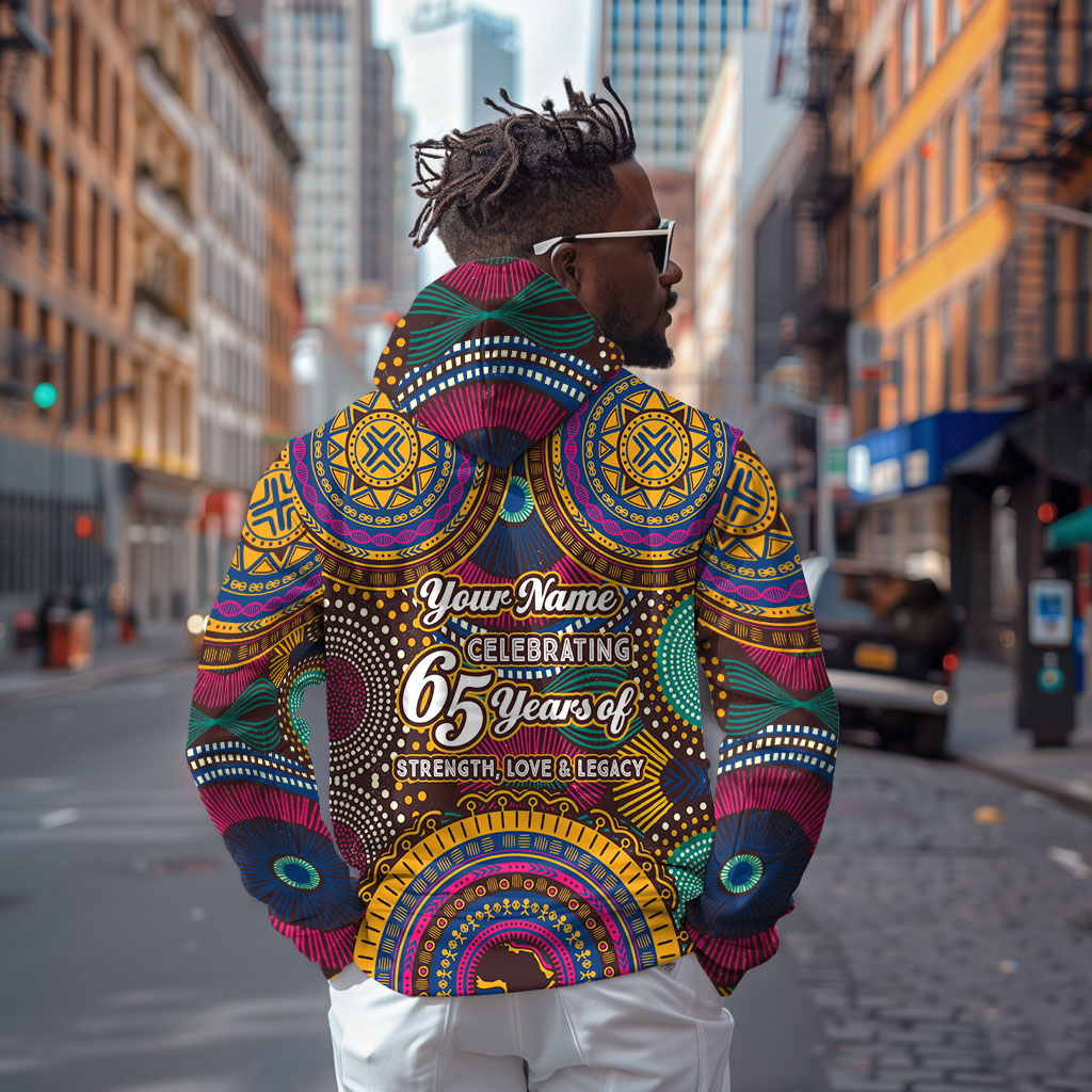 Personalized African 65th Birthday Black Excellence Hoodie Vibrant Traditional Tribal Geometric Patterns