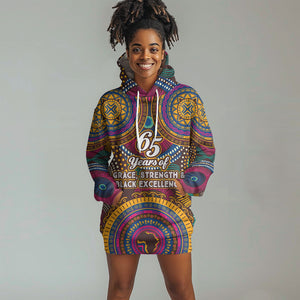Personalized African 65th Birthday Black Excellence Hoodie Dress Vibrant Traditional Tribal Geometric Patterns