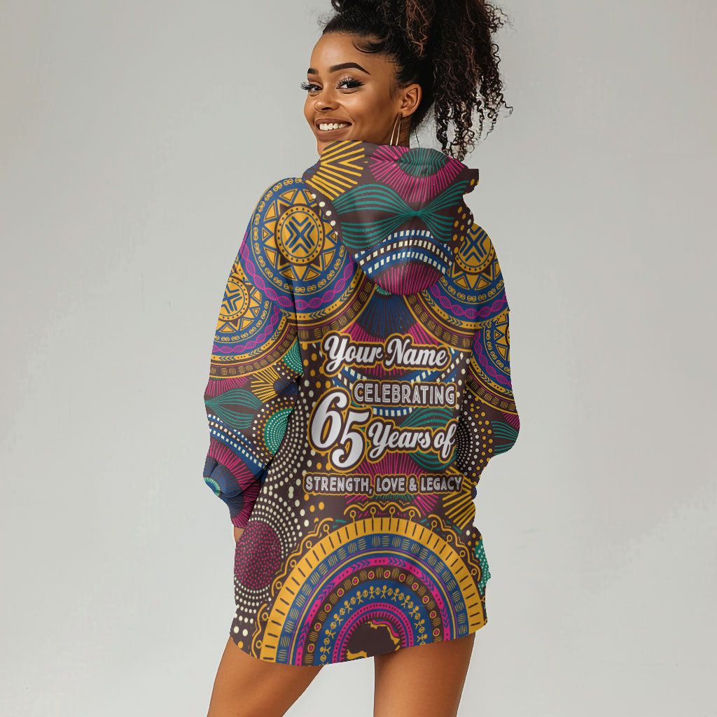 Personalized African 65th Birthday Black Excellence Hoodie Dress Vibrant Traditional Tribal Geometric Patterns