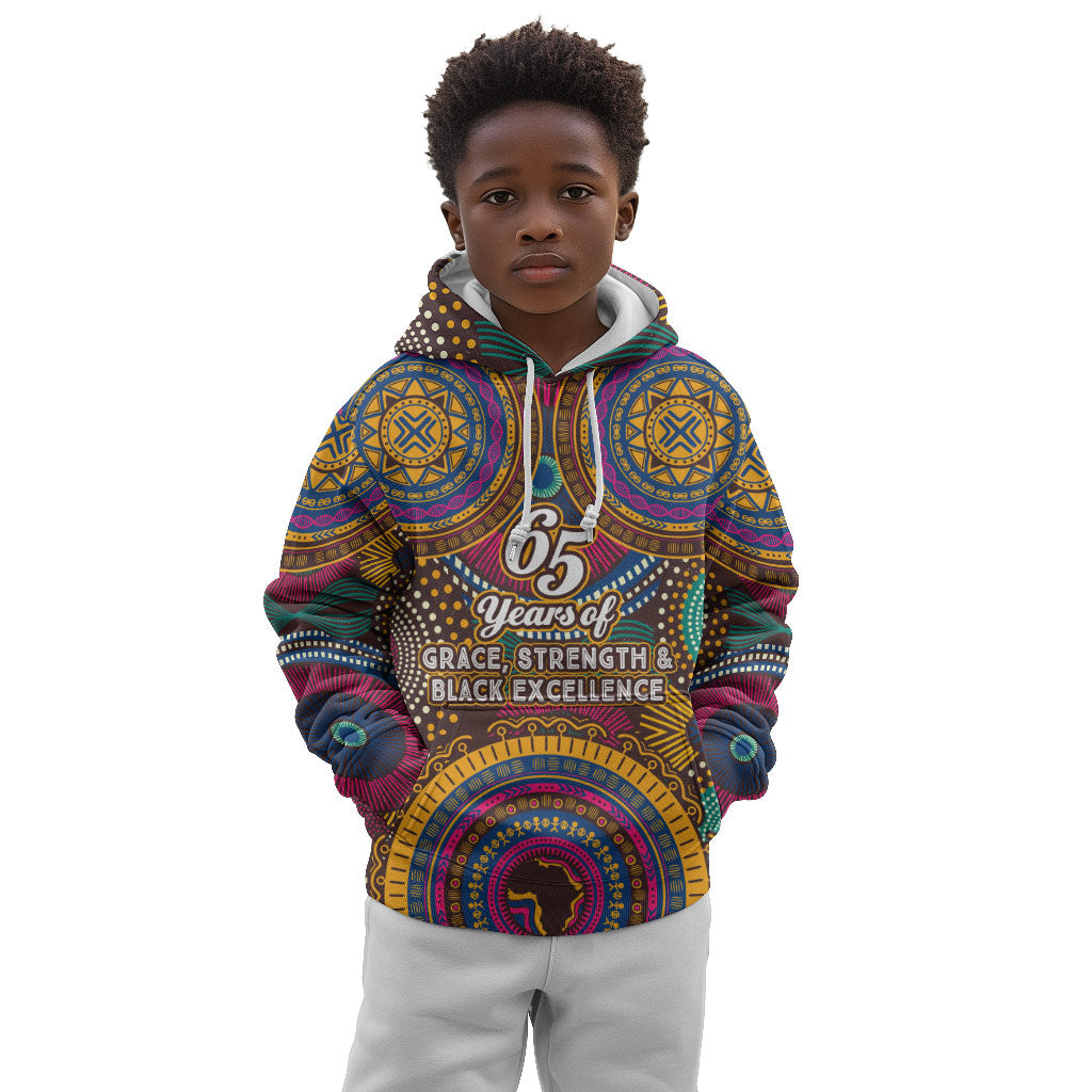 Personalized African 65th Birthday Black Excellence Kid Hoodie Vibrant Traditional Tribal Geometric Patterns