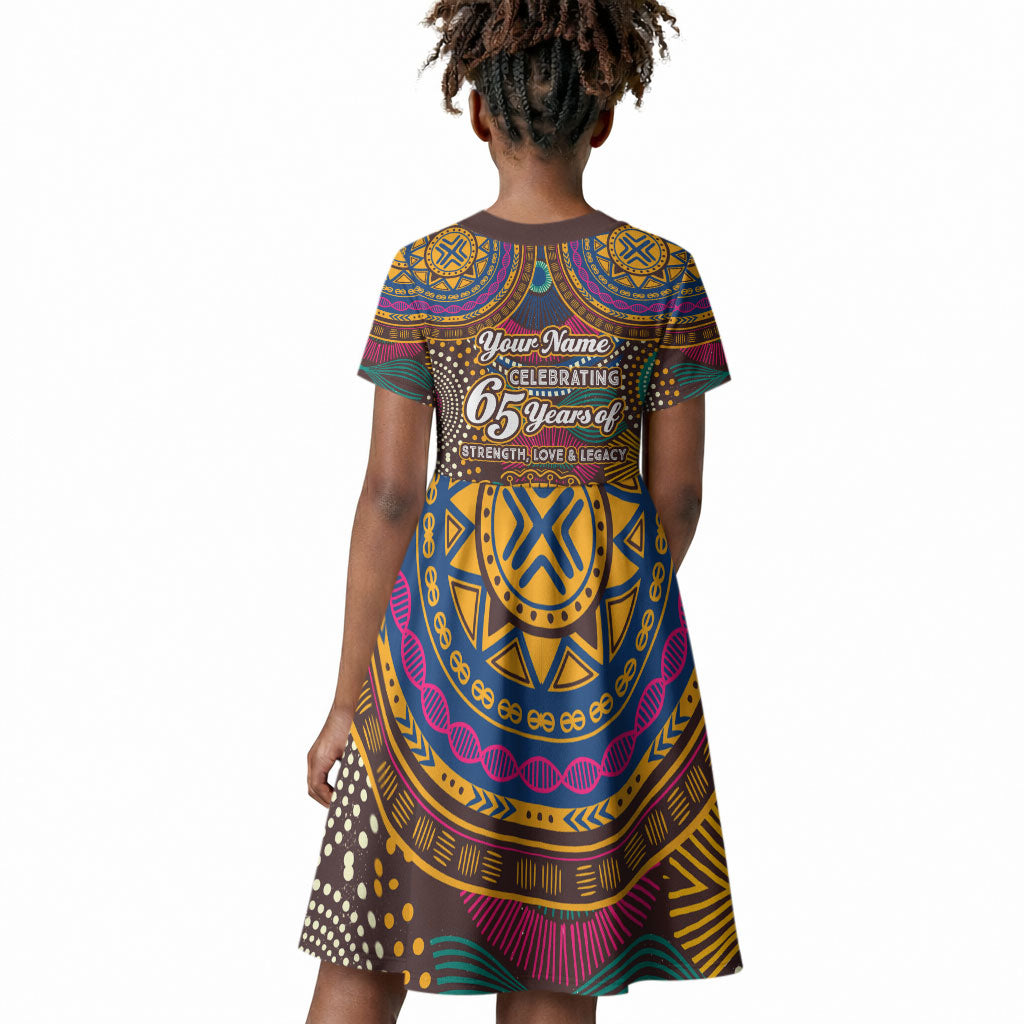 Personalized African 65th Birthday Black Excellence Kid Short Sleeve Dress Vibrant Traditional Tribal Geometric Patterns
