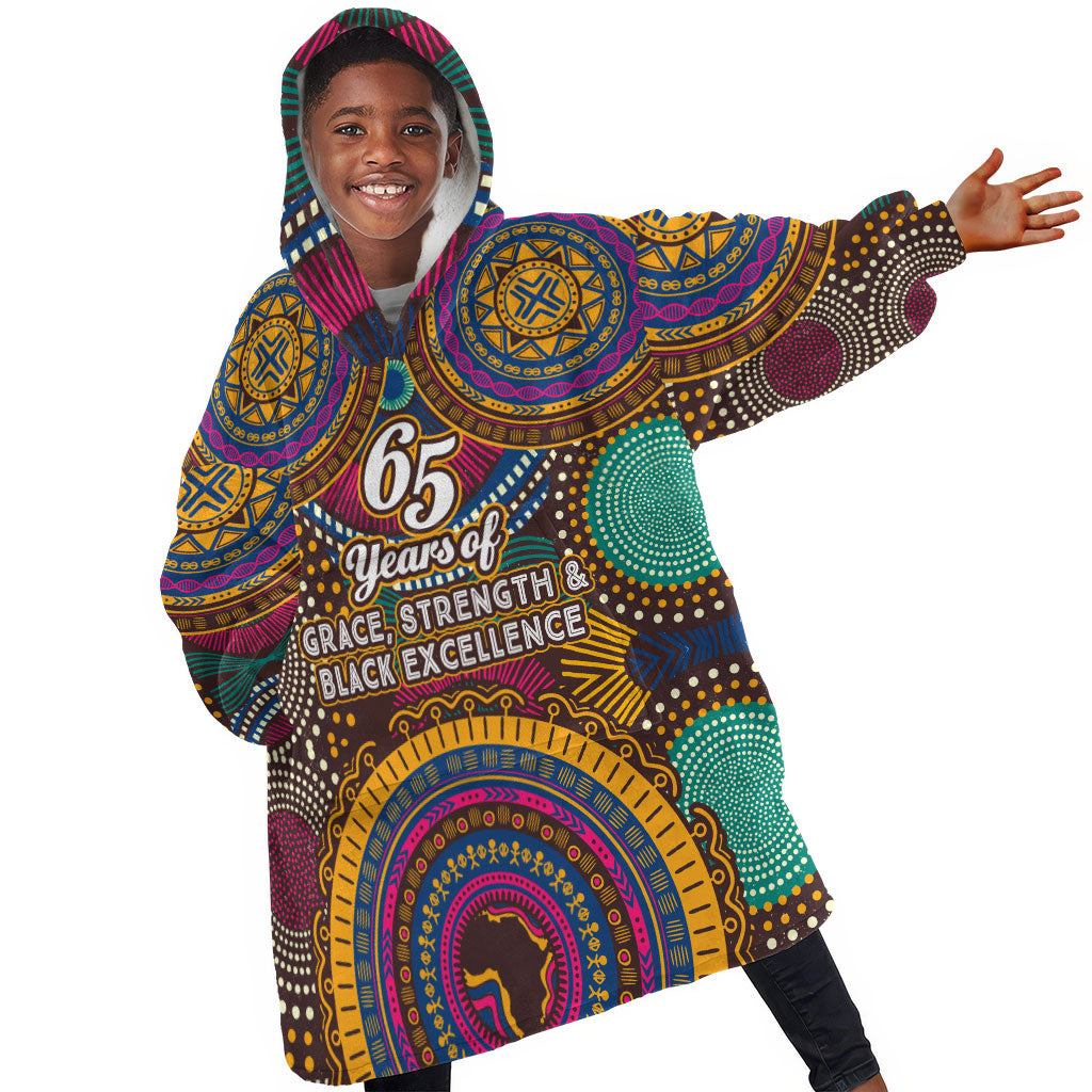Personalized African 65th Birthday Black Excellence Kid Wearable Blanket Hoodie Vibrant Traditional Tribal Geometric Patterns