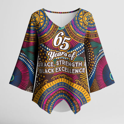 Personalized African 65th Birthday Black Excellence Kimono Sleeve Blouse Vibrant Traditional Tribal Geometric Patterns