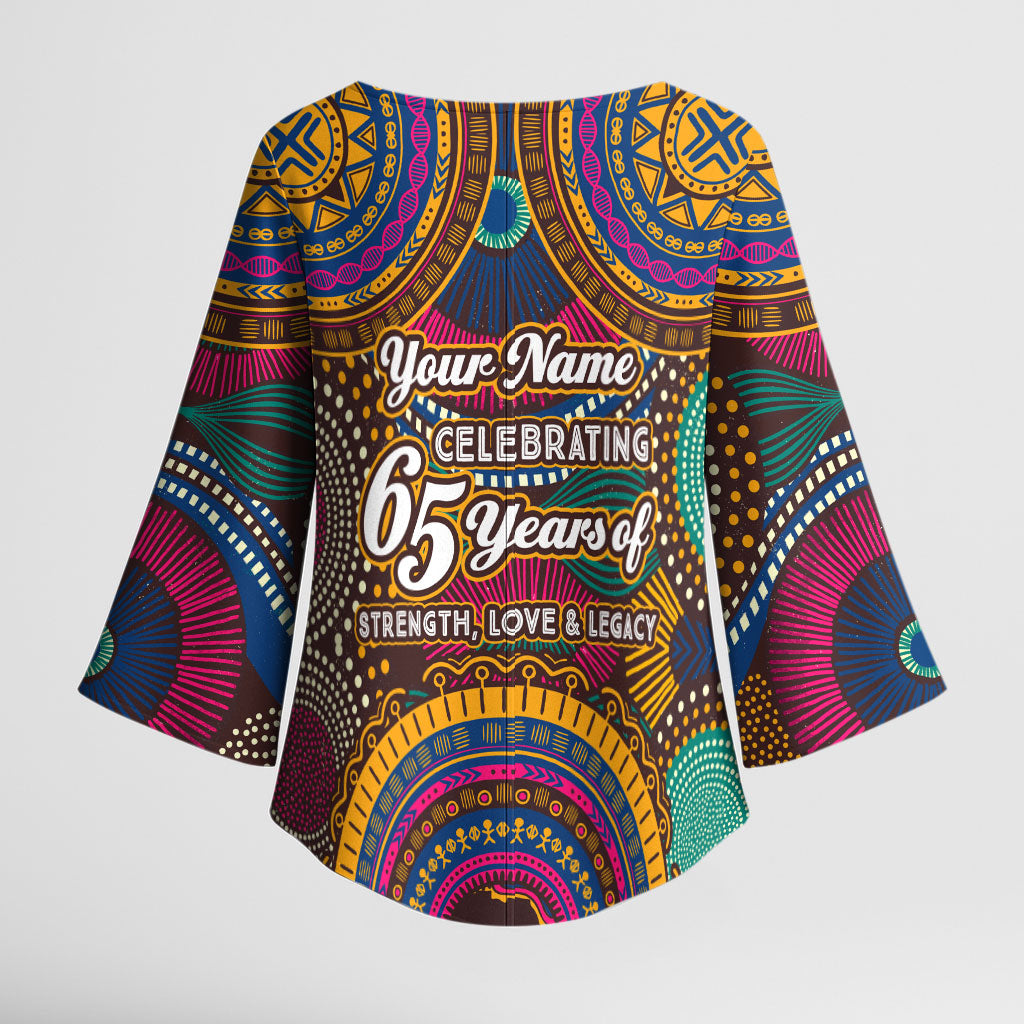 Personalized African 65th Birthday Black Excellence Kimono Sleeve Blouse Vibrant Traditional Tribal Geometric Patterns