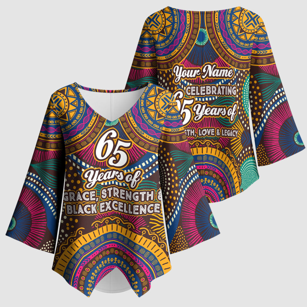 Personalized African 65th Birthday Black Excellence Kimono Sleeve Blouse Vibrant Traditional Tribal Geometric Patterns