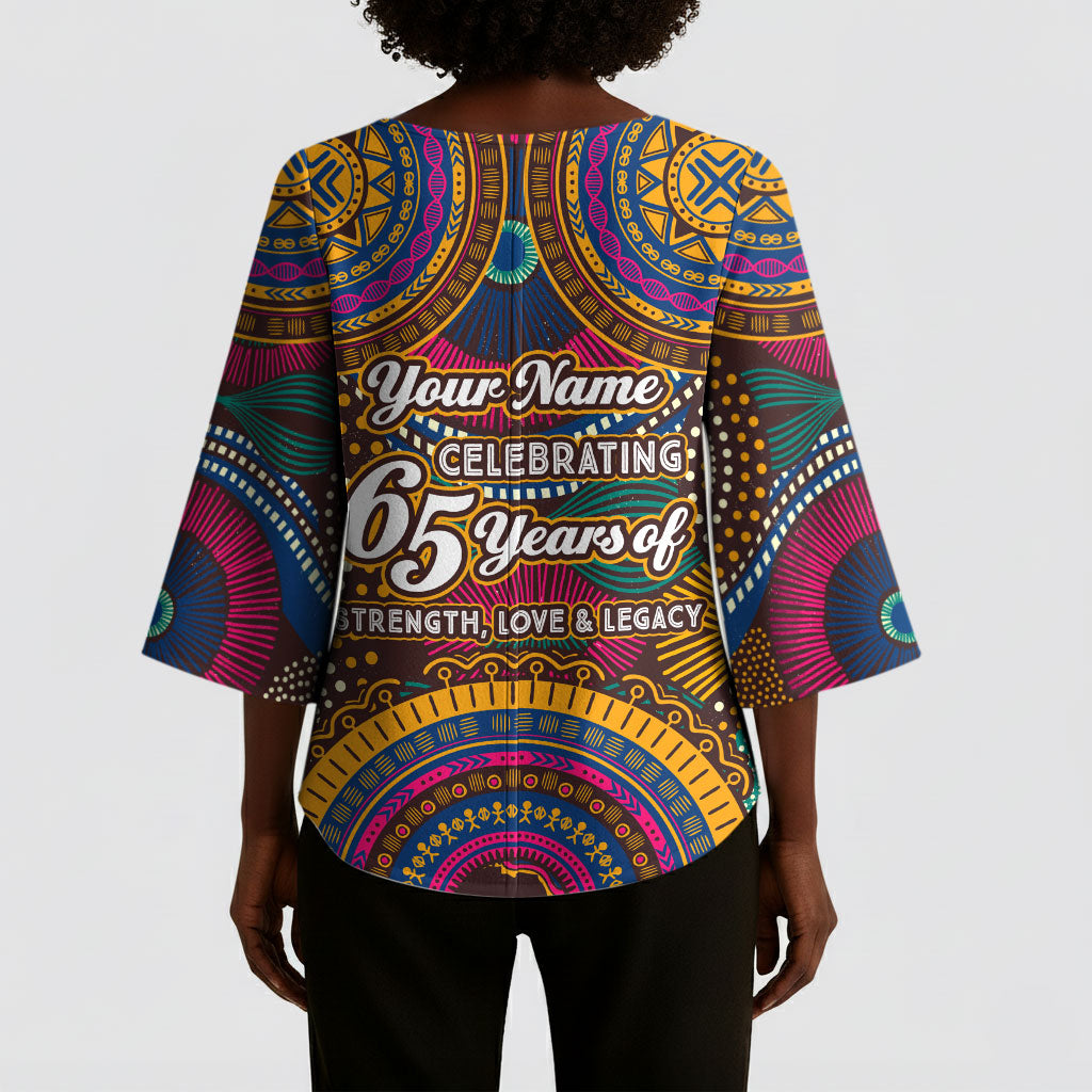 Personalized African 65th Birthday Black Excellence Kimono Sleeve Blouse Vibrant Traditional Tribal Geometric Patterns