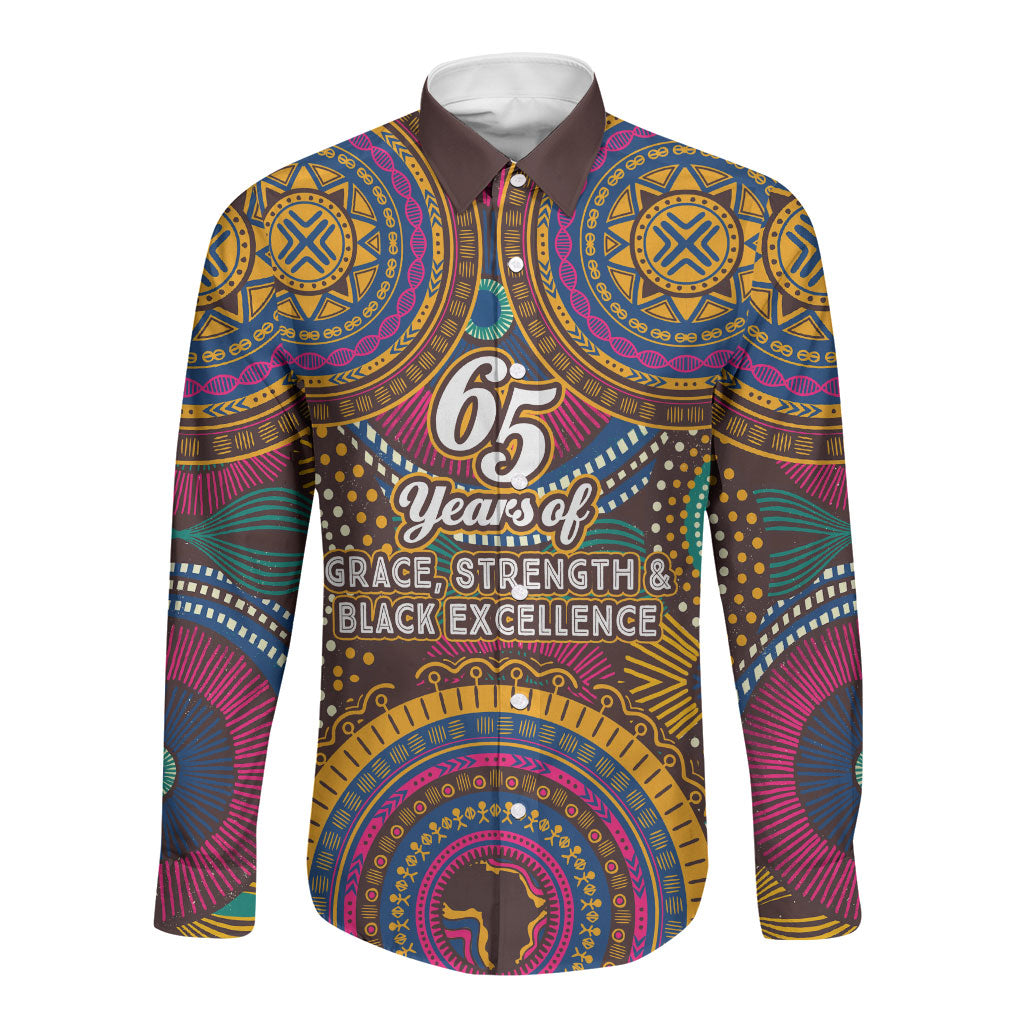 Personalized African 65th Birthday Black Excellence Long Sleeve Button Shirt Vibrant Traditional Tribal Geometric Patterns