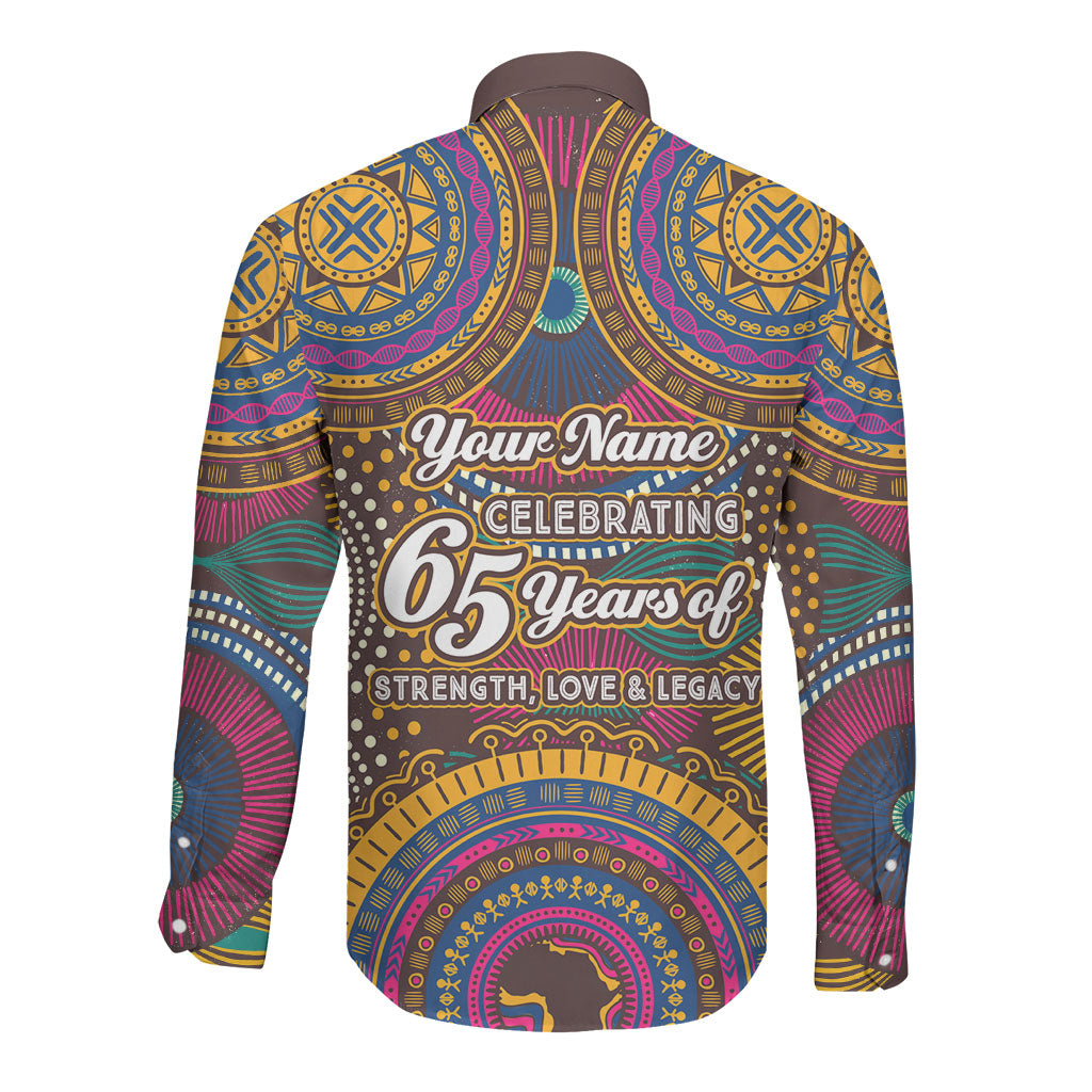 Personalized African 65th Birthday Black Excellence Long Sleeve Button Shirt Vibrant Traditional Tribal Geometric Patterns