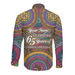 Personalized African 65th Birthday Black Excellence Long Sleeve Button Shirt Vibrant Traditional Tribal Geometric Patterns