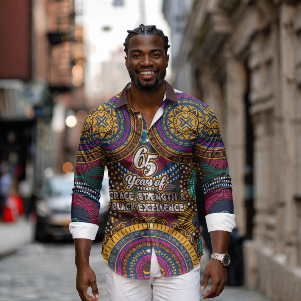 Personalized African 65th Birthday Black Excellence Long Sleeve Button Shirt Vibrant Traditional Tribal Geometric Patterns