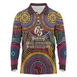 Personalized African 65th Birthday Black Excellence Long Sleeve Polo Shirt Vibrant Traditional Tribal Geometric Patterns