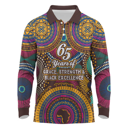 Personalized African 65th Birthday Black Excellence Long Sleeve Polo Shirt Vibrant Traditional Tribal Geometric Patterns