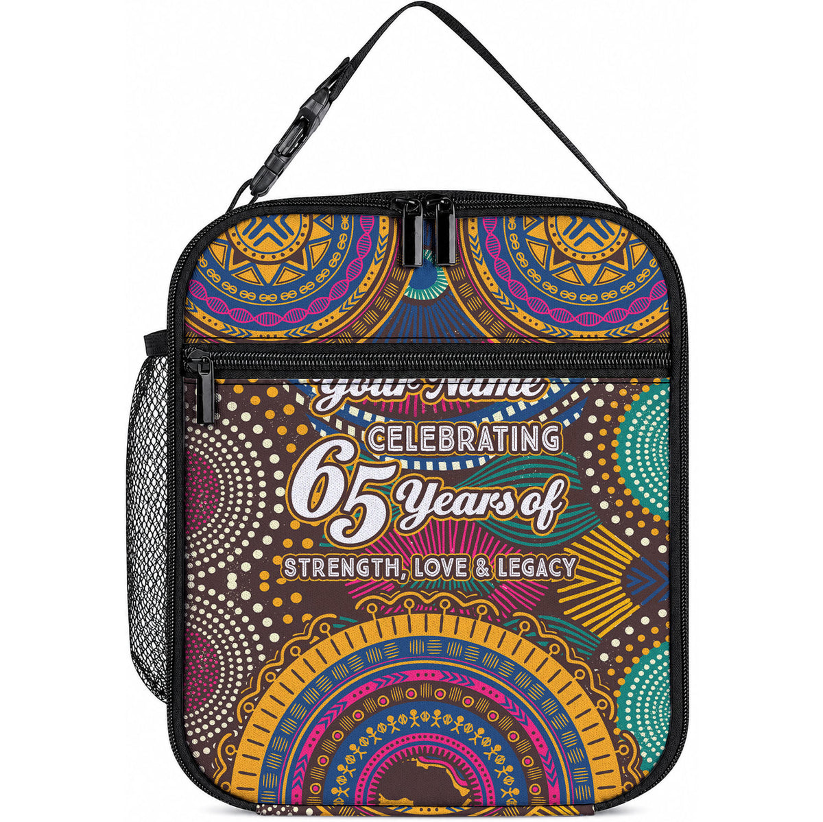 Personalized African 65th Birthday Black Excellence Lunch Bag Vibrant Traditional Tribal Geometric Patterns