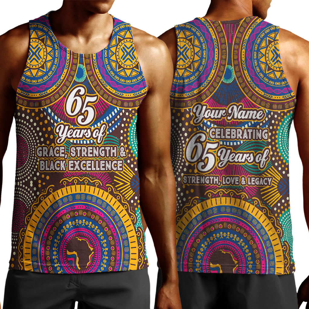 Personalized African 65th Birthday Black Excellence Men Tank Top Vibrant Traditional Tribal Geometric Patterns