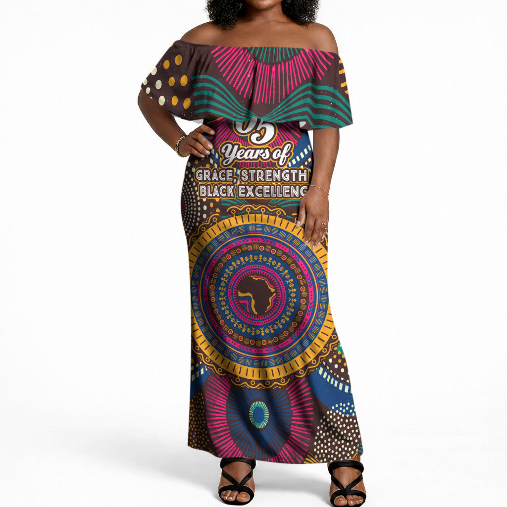 Personalized African 65th Birthday Black Excellence Off Shoulder Maxi Dress Vibrant Traditional Tribal Geometric Patterns
