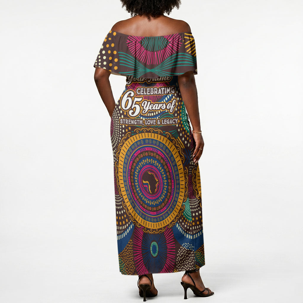 Personalized African 65th Birthday Black Excellence Off Shoulder Maxi Dress Vibrant Traditional Tribal Geometric Patterns