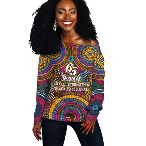 Personalized African 65th Birthday Black Excellence Off Shoulder Sweater Vibrant Traditional Tribal Geometric Patterns