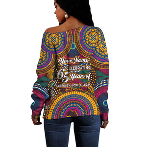 Personalized African 65th Birthday Black Excellence Off Shoulder Sweater Vibrant Traditional Tribal Geometric Patterns