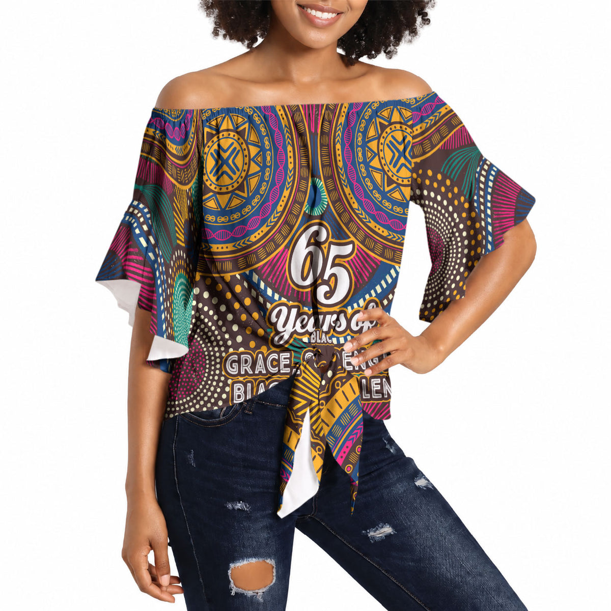 Personalized African 65th Birthday Black Excellence Off Shoulder Wrap Waist Top Vibrant Traditional Tribal Geometric Patterns