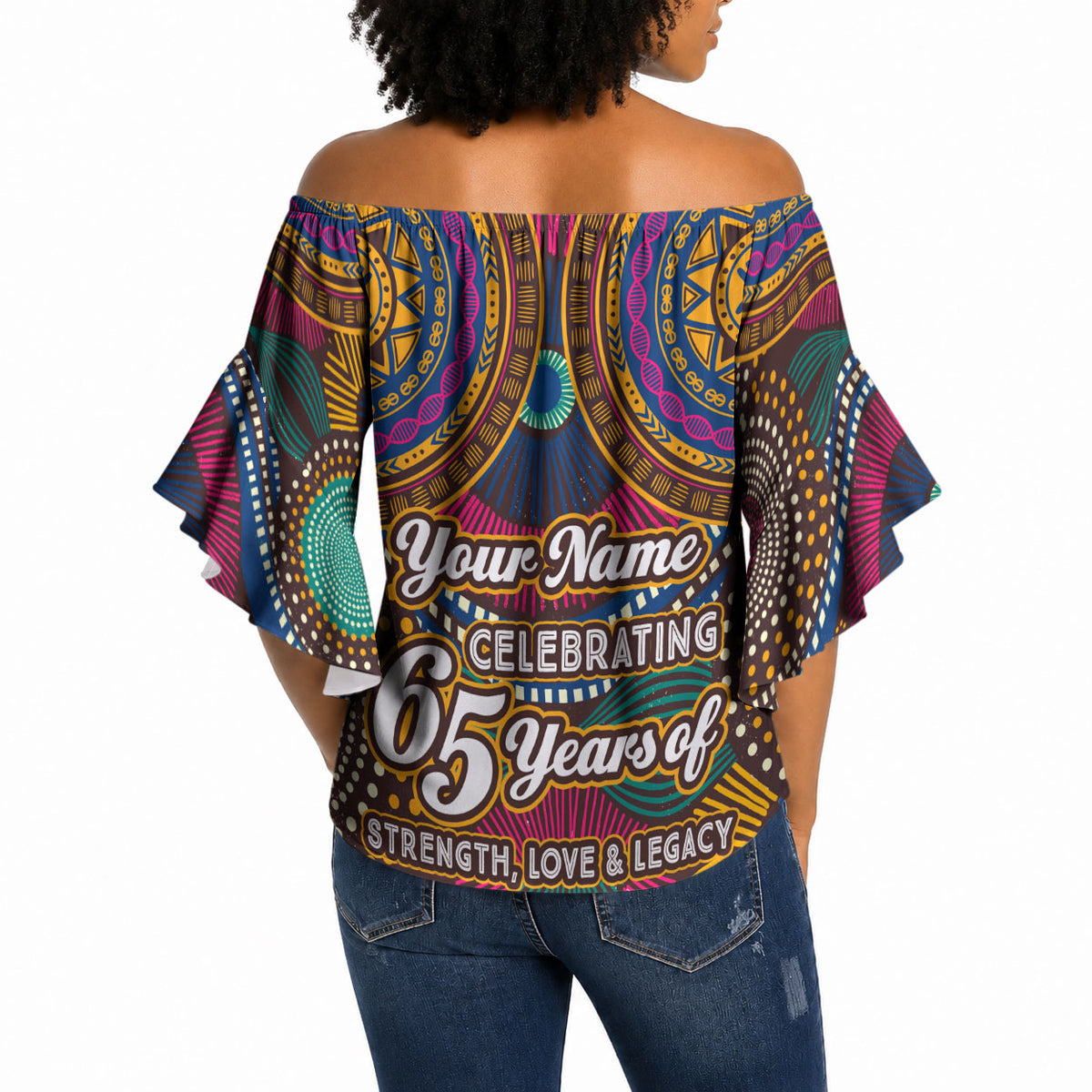 Personalized African 65th Birthday Black Excellence Off Shoulder Wrap Waist Top Vibrant Traditional Tribal Geometric Patterns